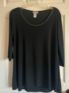 Black Long Sleeve Scoop Neck Top with Studded Trim